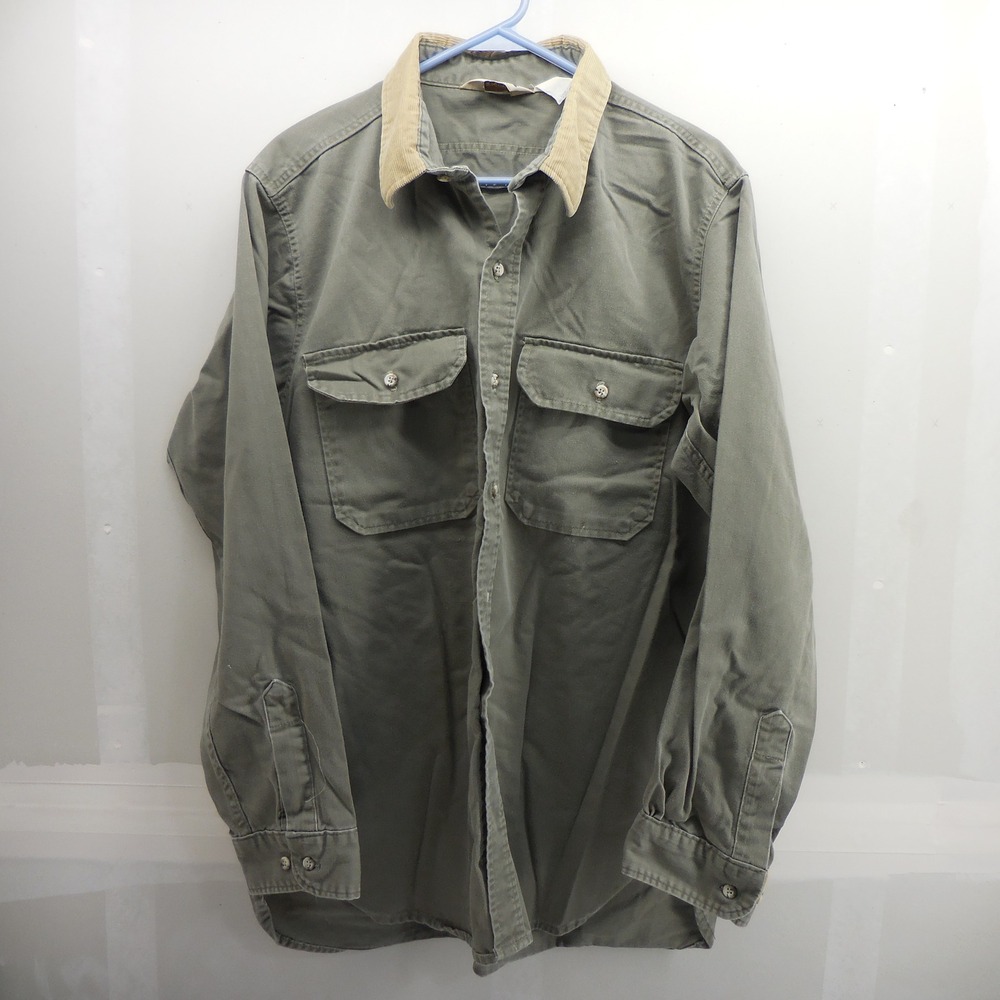 Cabelas Mens XL Hunting Shirt Olive Green Corduroy Collar Cotton Twill USA Made